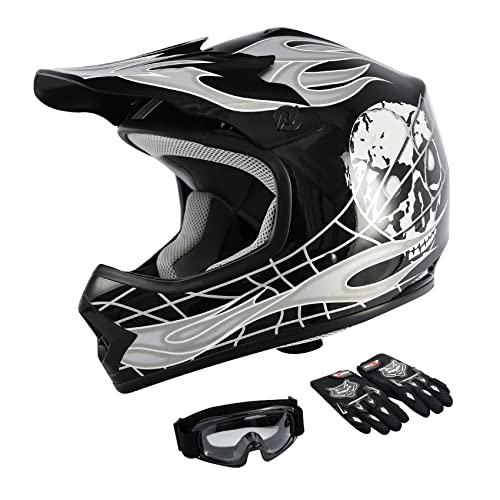 SLMOTO Dot Youth Kids Motocross Helmet Red Spider Design with Goggles and Gloves F254987