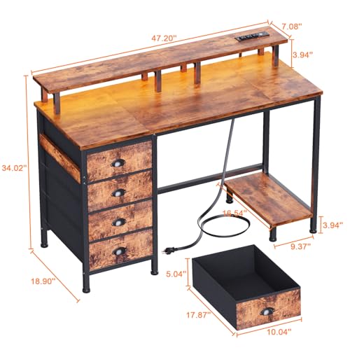 Furologee 47" Computer Gaming Desk with Monitor Stand, 4 Fabric Drawers & Power Outlets, Rustic Brown U645888