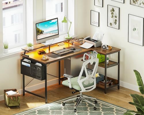ODK 48 Inch L Shaped Gaming Desk with USB Charging Ports and LED Lights S136