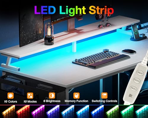 ODK 48 Inch L Shaped Gaming Desk with USB Charging Ports and LED Lights S136
