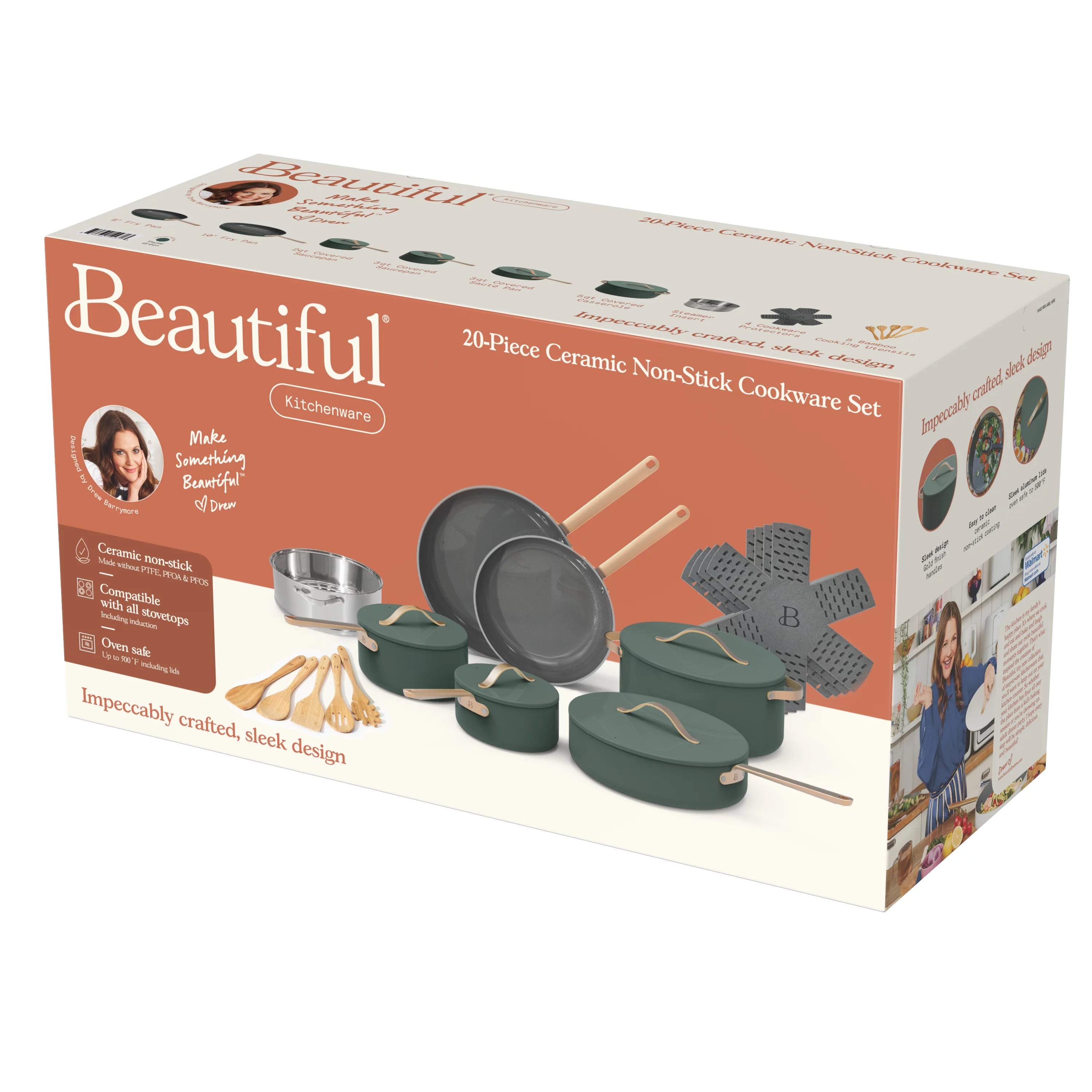 Beautiful 20pc Ceramic Non-Stick Cookware Set, Thyme Green by Drew Barrymore Y656
