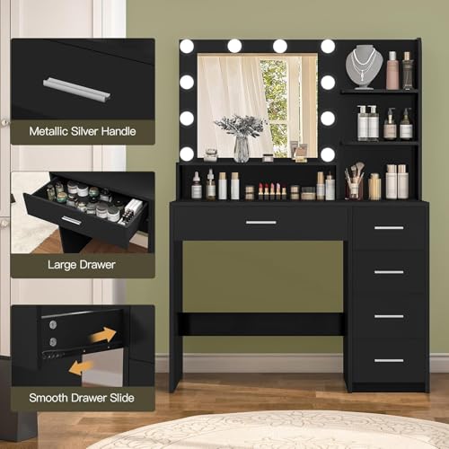 Quimoo Makeup Vanity Desk with Mirror & Lights, 5 Drawers, White Y954