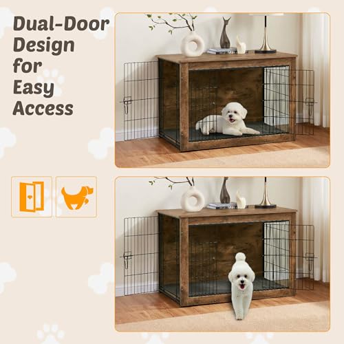 Wooden Dog Crate End Table with Dual Doors, Chew-Proof Design & Cushion, 27 Inch E6718