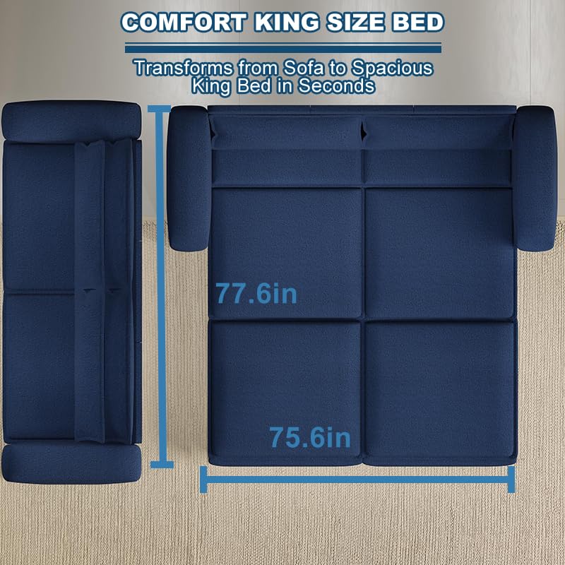 93" King Pull Out Sofa Bed with 2 Pillows, Blue Q21489