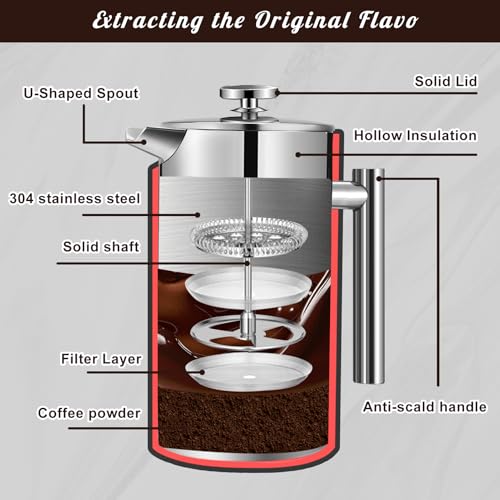 Mongdio French Press Coffee Maker, 34oz Stainless Steel, Double Wall Insulated D165191