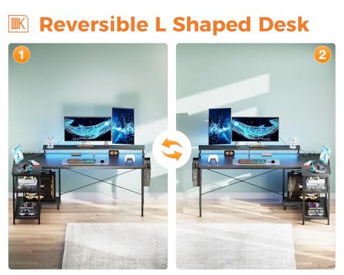 ODK 48 Inch L Shaped Gaming Desk with USB Charging Ports and LED Lights S136