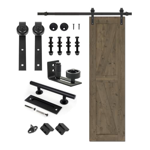 S&Z TOPHAND® 20 in x 84 in Elephant Gray British Brace Knotty Barn Door with 4FT Sliding Hardware Kit G149446