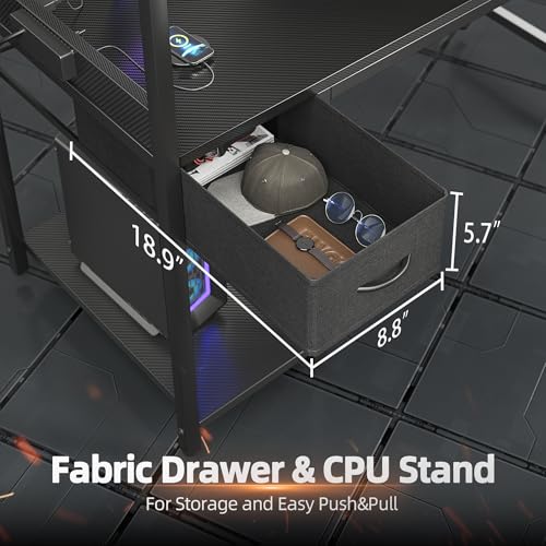 TIQLAB Gaming Desk 47 inch with Power Outlet and LED Light, Carbon Fiber Black P5873