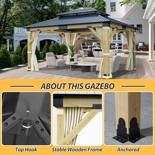 12'x12' Hardtop Gazebo with Galvanized Steel Roof, Aluminum Frame, Curtains & Netting X81832