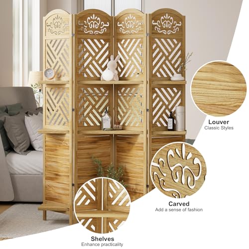 Folding Wood Room Divider with Shelves, 6 Panels, Natural K301