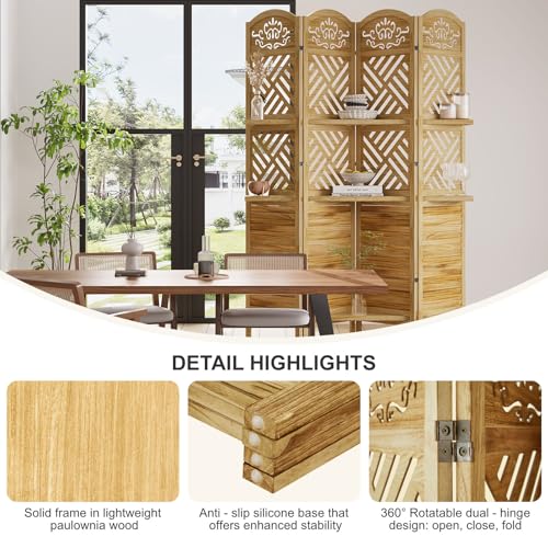 Folding Wood Room Divider with Shelves, 6 Panels, Natural K301