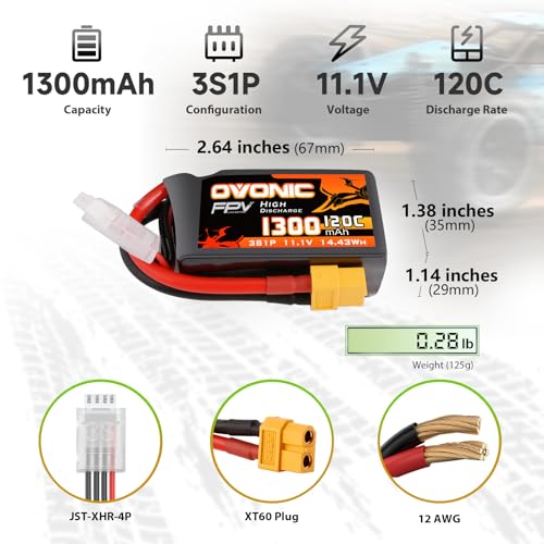 OVONIC Lipo Battery 11.1V 1300mAh 3S with XT60 for RC FPV Drone (2 Pack) Q180