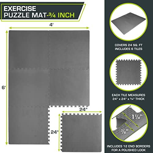 ProsourceFit Extra Thick Puzzle Exercise Mat, EVA Foam Interlocking Tiles, Black, 3/4 inch, 24 Tiles Y76691