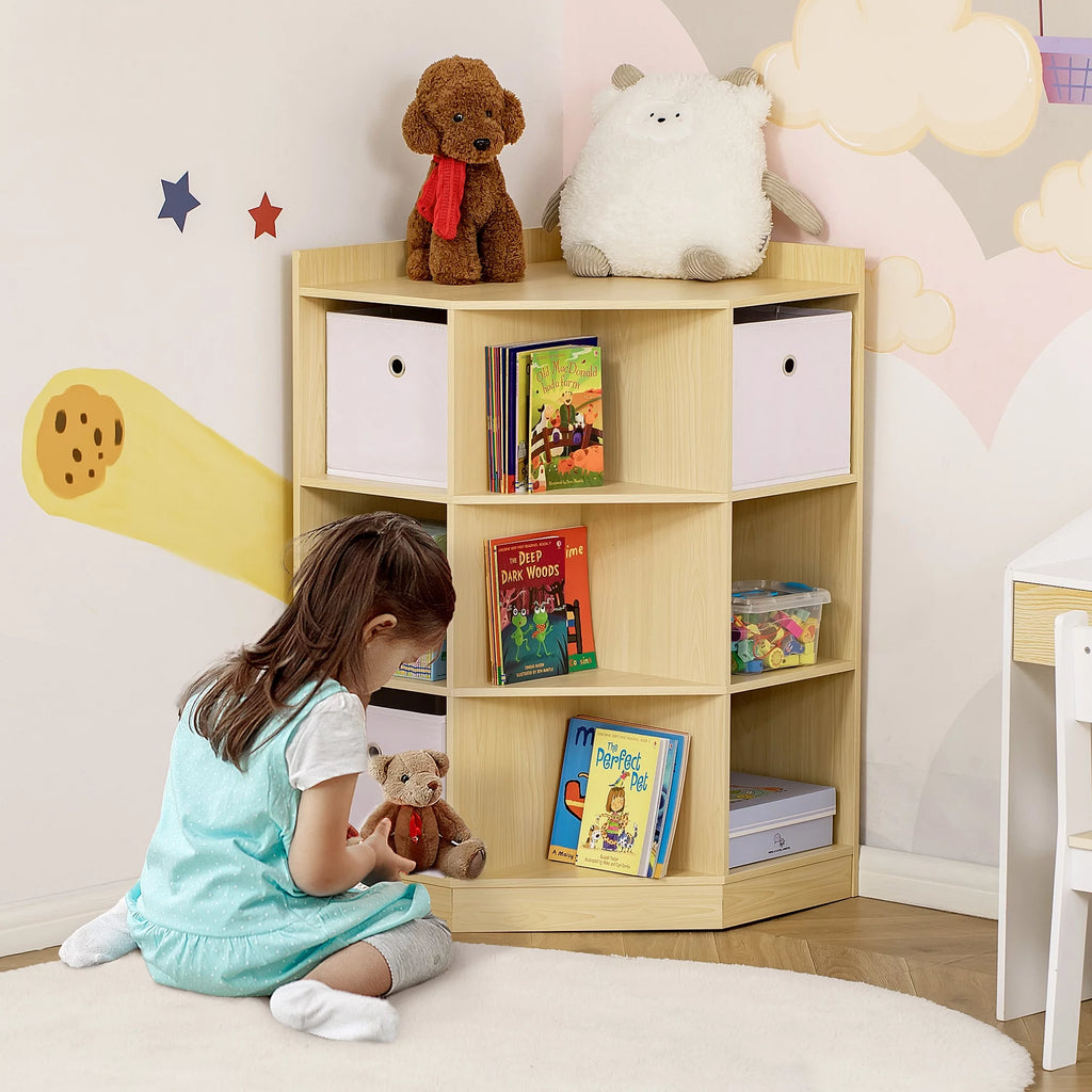 HOMCOM Kids Corner Cabinet Toy Storage Organizer with 3 Baskets, Natural A5695