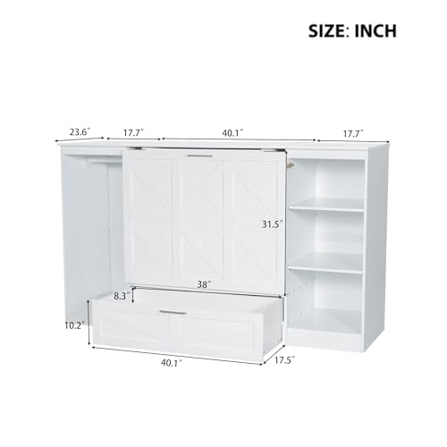 Twin Size Murphy Bed with Storage Shelves and Wardrobe, White X929