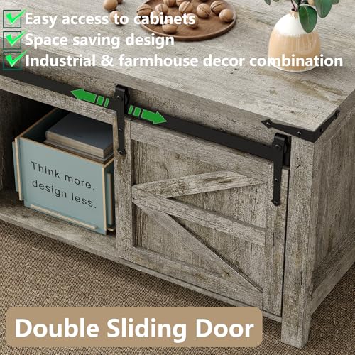 47.3" Lift Top Coffee Table with Storage and Barn Doors, White and Grey I616078
