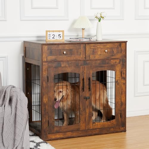 Wooden Dog Crate Furniture with Cushion and 2 Drawers R35157