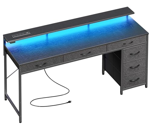 Huuger Gaming Desk with 6 Drawers, LED Lights, 47 Inch, Black N423283
