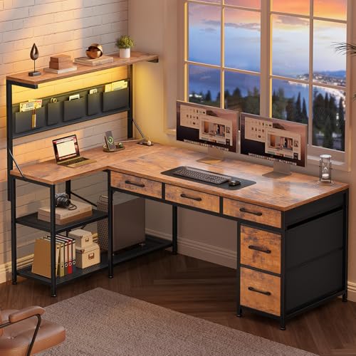 Itaar L Shaped Gaming Desk with LED Lights and Storage, Black P62712