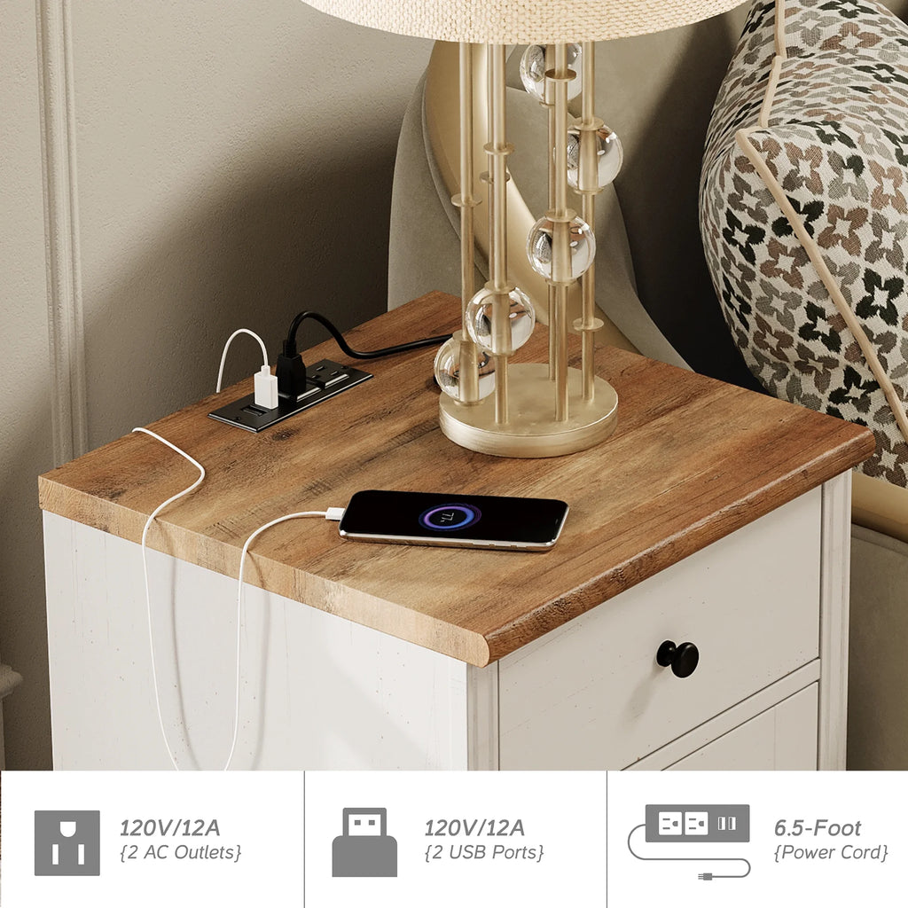 Set of 2 Nightstand with Charging Station, Bedside Table with Outlets, Wood End Table with Drawer, Off-White N19415
