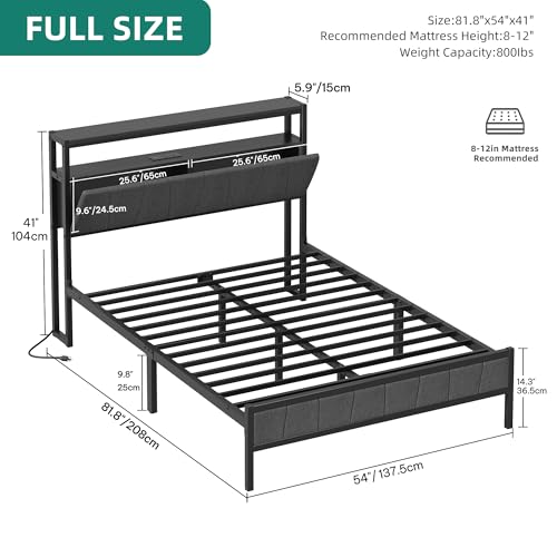 YITAHOME Queen Bed Frame with Storage Headboard, LED, Charging Station, Gray X281055