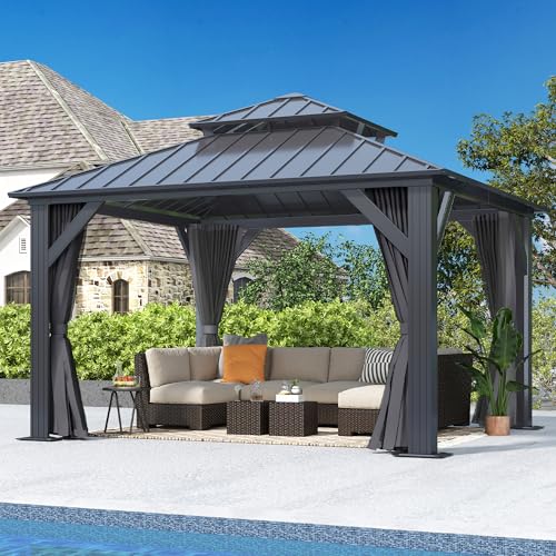 12'x12' Hardtop Gazebo with Galvanized Steel Roof, Aluminum Frame, Curtains & Netting X81832