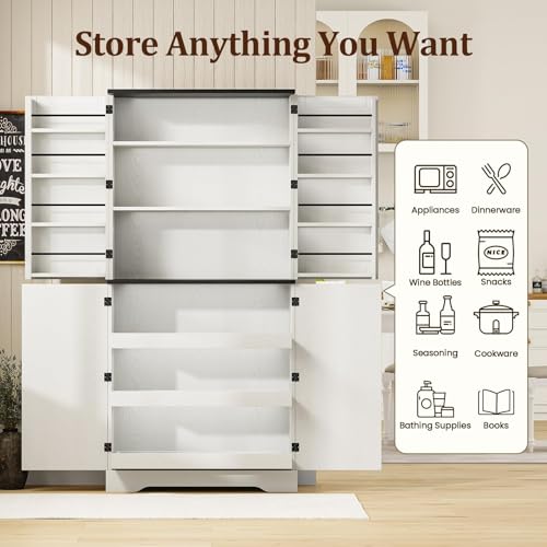 72" Farmhouse Pantry Storage Cabinet with 8 Shelves & 3 Pull-Out Racks, White X1990