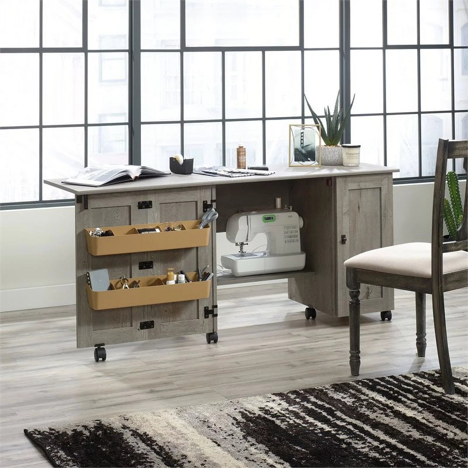 Pemberly Row Contemporary Engineered Wood Sewing Craft Table Oak A45888