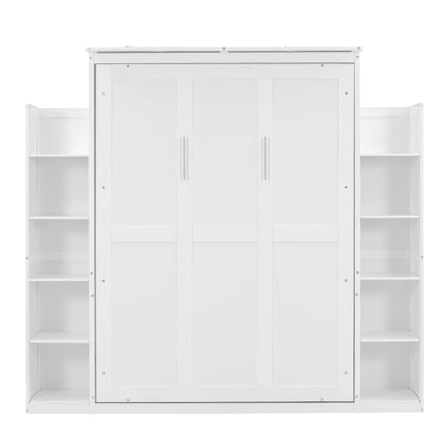 Merax Queen Size Wood Murphy Bed with LED Lights and Shelves, Grey K26344