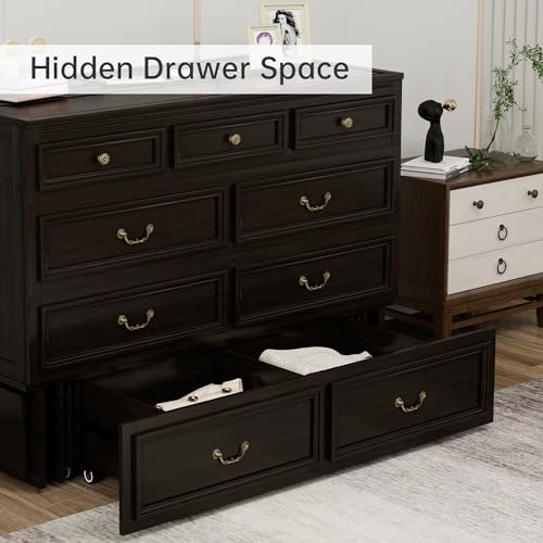 Solid Wood Murphy Bed Cabinet Full with USB Charging Ports and Storage Drawer, Ebony D190415