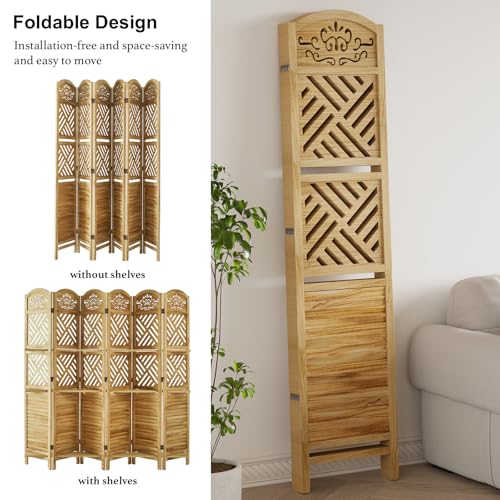 Folding Wood Room Divider with Shelves, 6 Panels, Natural K301