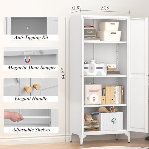 GREATMEET 65" Tall Kitchen Pantry Cabinet, White Metal Farmhouse Cupboard with Adjustable Shelves D202
