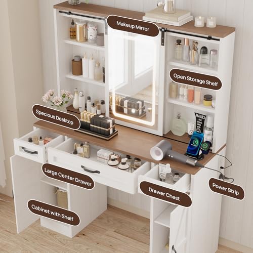 Farmhouse Vanity Desk with Lighted Mirror & Stool, 8 Shelves, 5 Drawers L80251
