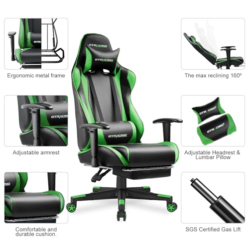 GTRACING Gaming Chair with Footrest, Ergonomic Reclining, Blue C551