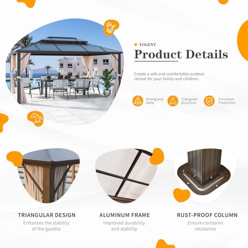 YOLENY 10'x13' Hardtop Gazebo with Aluminum Frame and Curtains F853