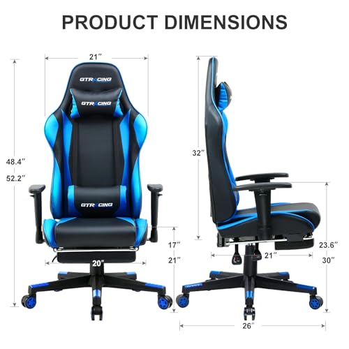 GTRACING Gaming Chair with Footrest, Ergonomic Reclining, Blue C551