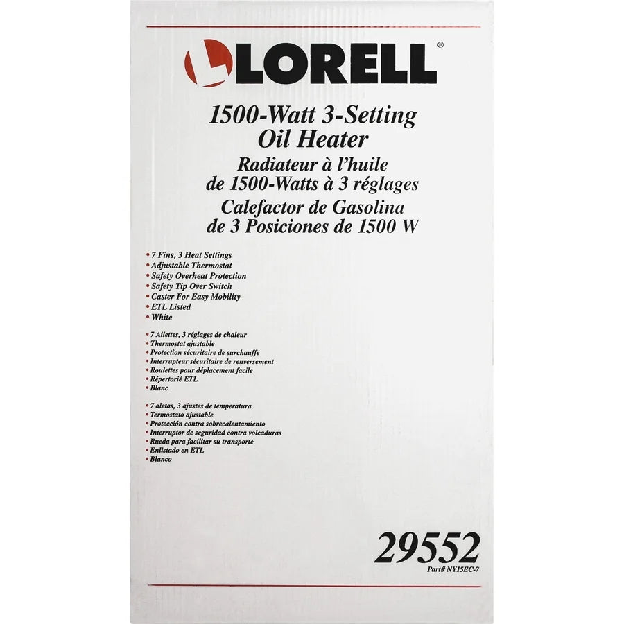 Lorell 1500 Watt Oil Filled Electric Heater, 3 Heat Settings, White I799