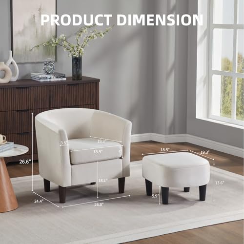 FLEXISPOT Accent Barrel Chair with Ottoman, Velvet Upholstered, White U587