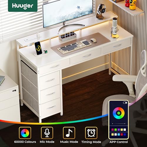 Huuger Gaming Desk with 6 Drawers, LED Lights, 47 Inch, Black N423283