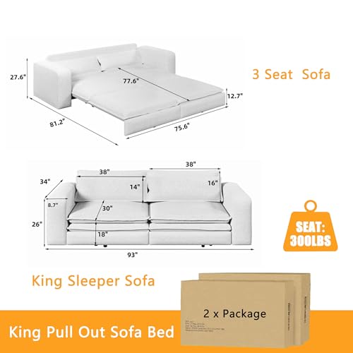 93" King Pull Out Sofa Bed with 2 Pillows, Blue Q21489