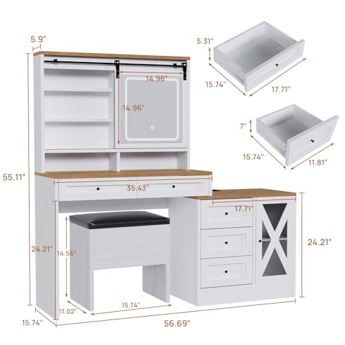 Farmhouse Vanity Desk with Lighted Mirror & Stool, 8 Shelves, 5 Drawers L80251