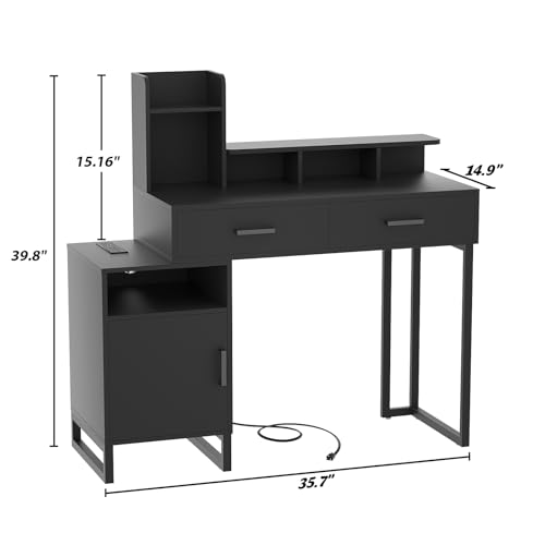 White Vanity Desk with Power Outlet and Storage Y378