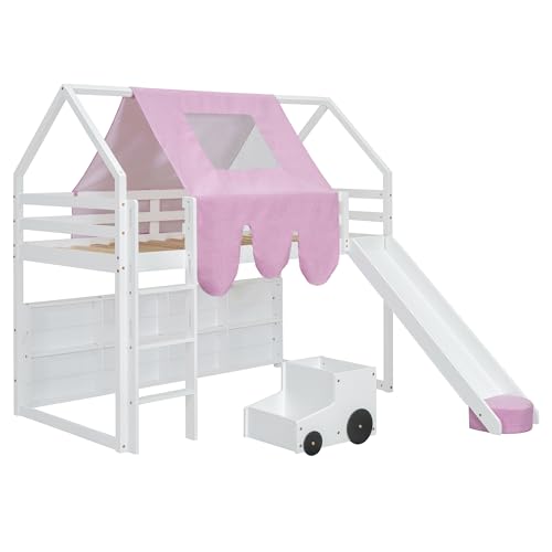 Harper & Bright Designs Kids Twin Low Loft Bed with Slide, Storage Shelves & Stairs, White/Pink C414827