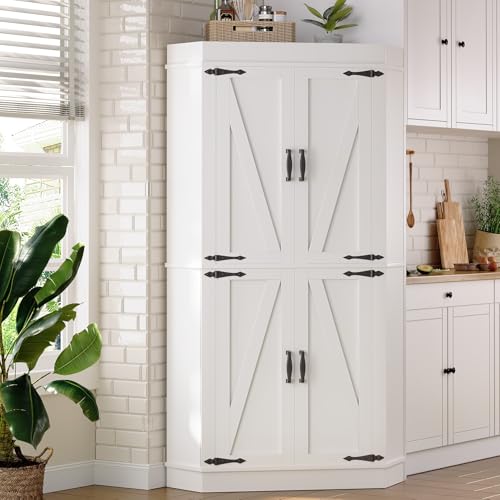 Corner Pantry Cabinet with 4 Doors and Shelves, White K361