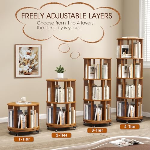 6 Tier Rotating Bookshelf Tower with Swivel Wheels, Solid Wood, Walnut B588