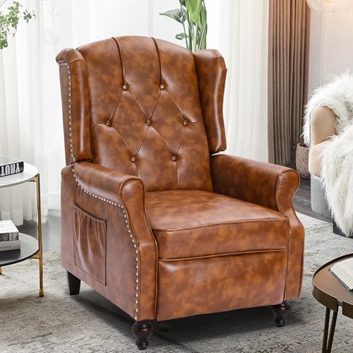 Wingback Recliner Chair with Massage and Heat, Tufted Fabric, Wooden Legs D91574