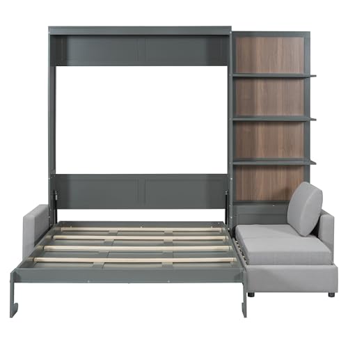 Harper & Bright Designs Queen Murphy Bed with Sofa and Shelves, White P14954