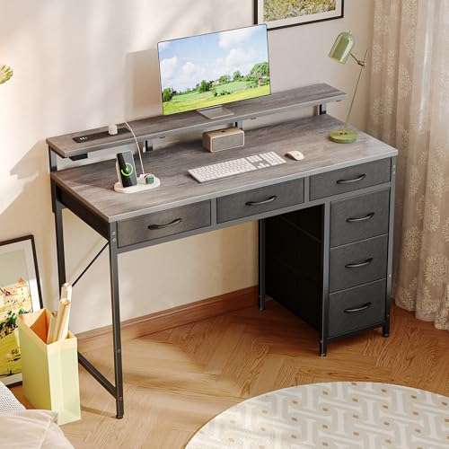 Huuger Gaming Desk with 6 Drawers, LED Lights, 47 Inch, Black N423283