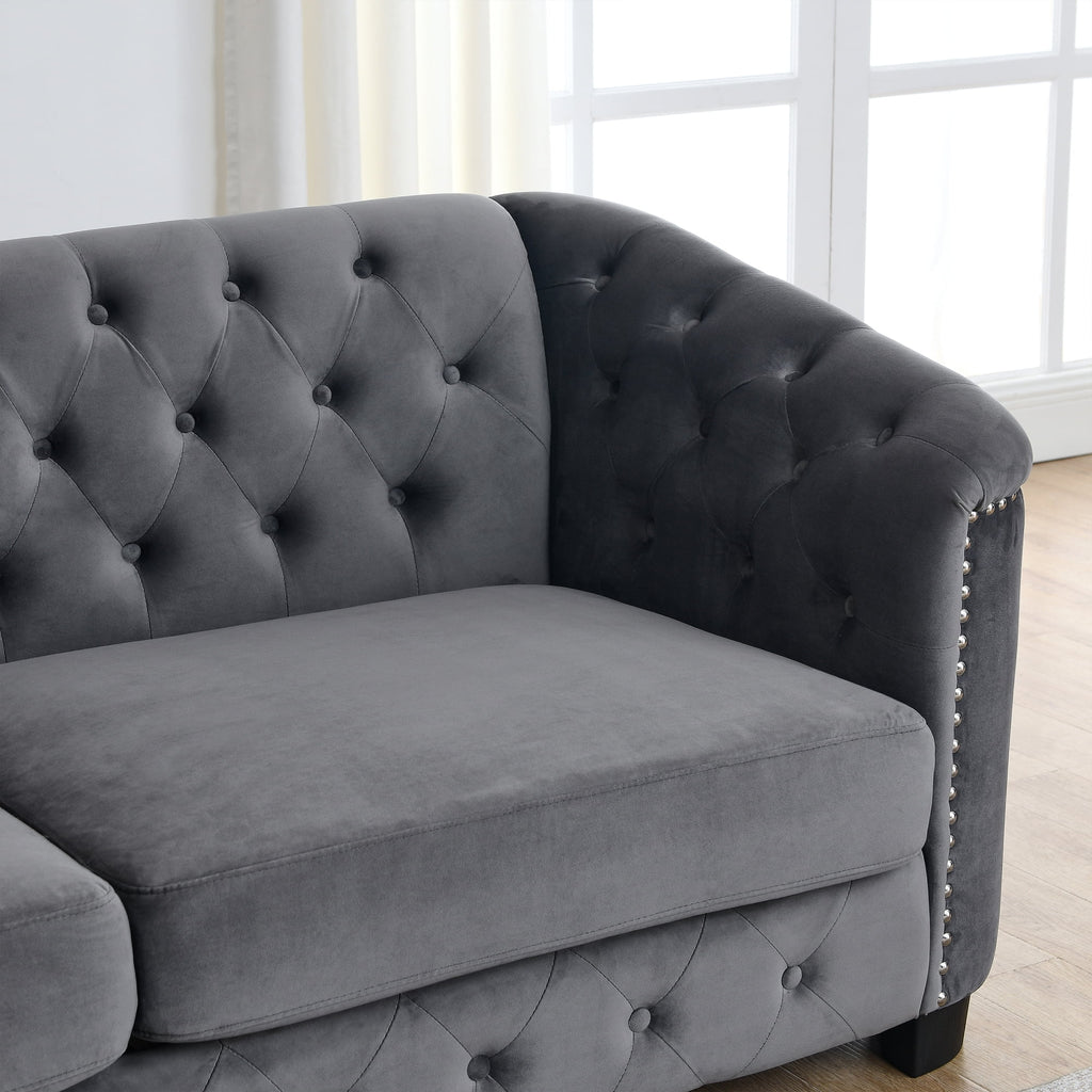 77-Inch Modern Chesterfield Velvet 3-Seater Sofa with Tufted Backrests, Grey E686