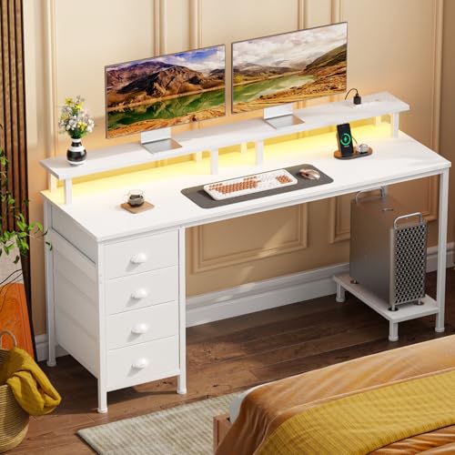 Furologee 47" Computer Gaming Desk with Monitor Stand, 4 Fabric Drawers & Power Outlets, Rustic Brown U645888